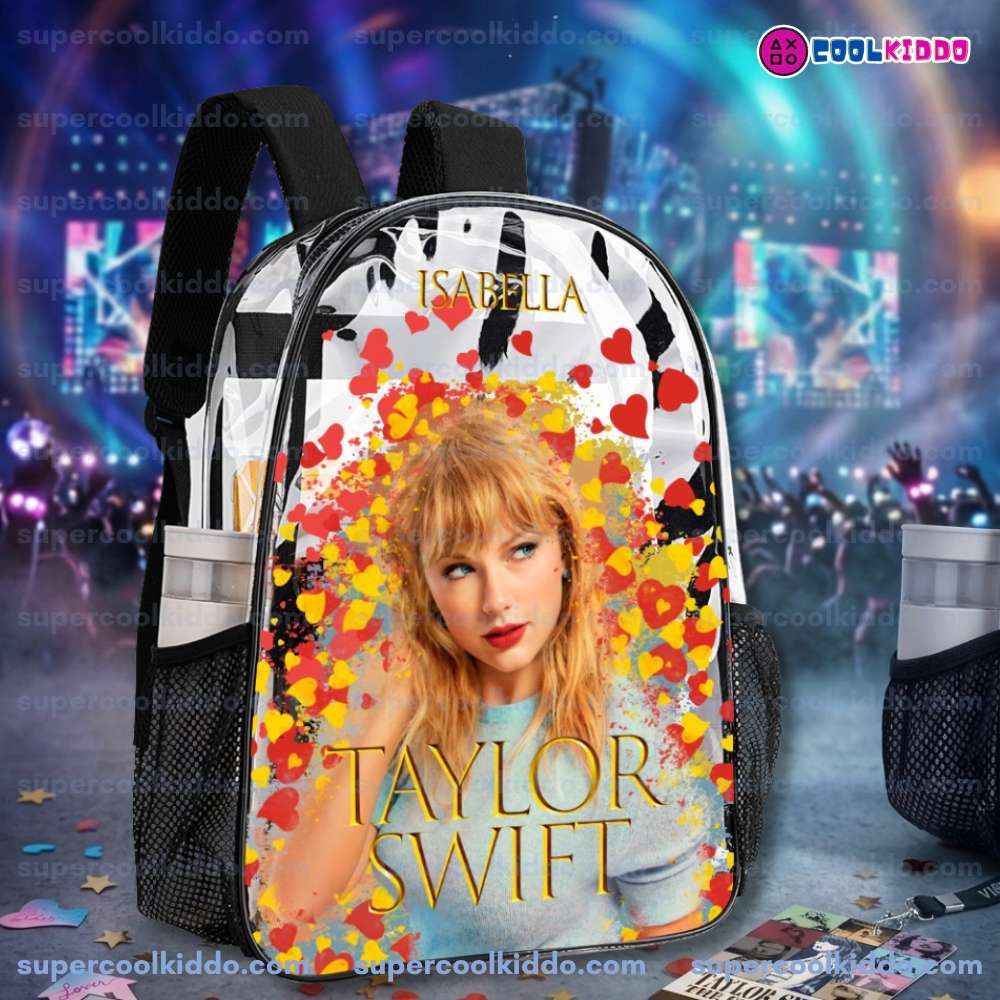 Custom Taylor Swift Clear Backpack. Personalized Name Transparent Bag for Swifties, Lover Eras Tour Concert Approved Vinyl Backpack, Gold Lettering & Hearts Design
