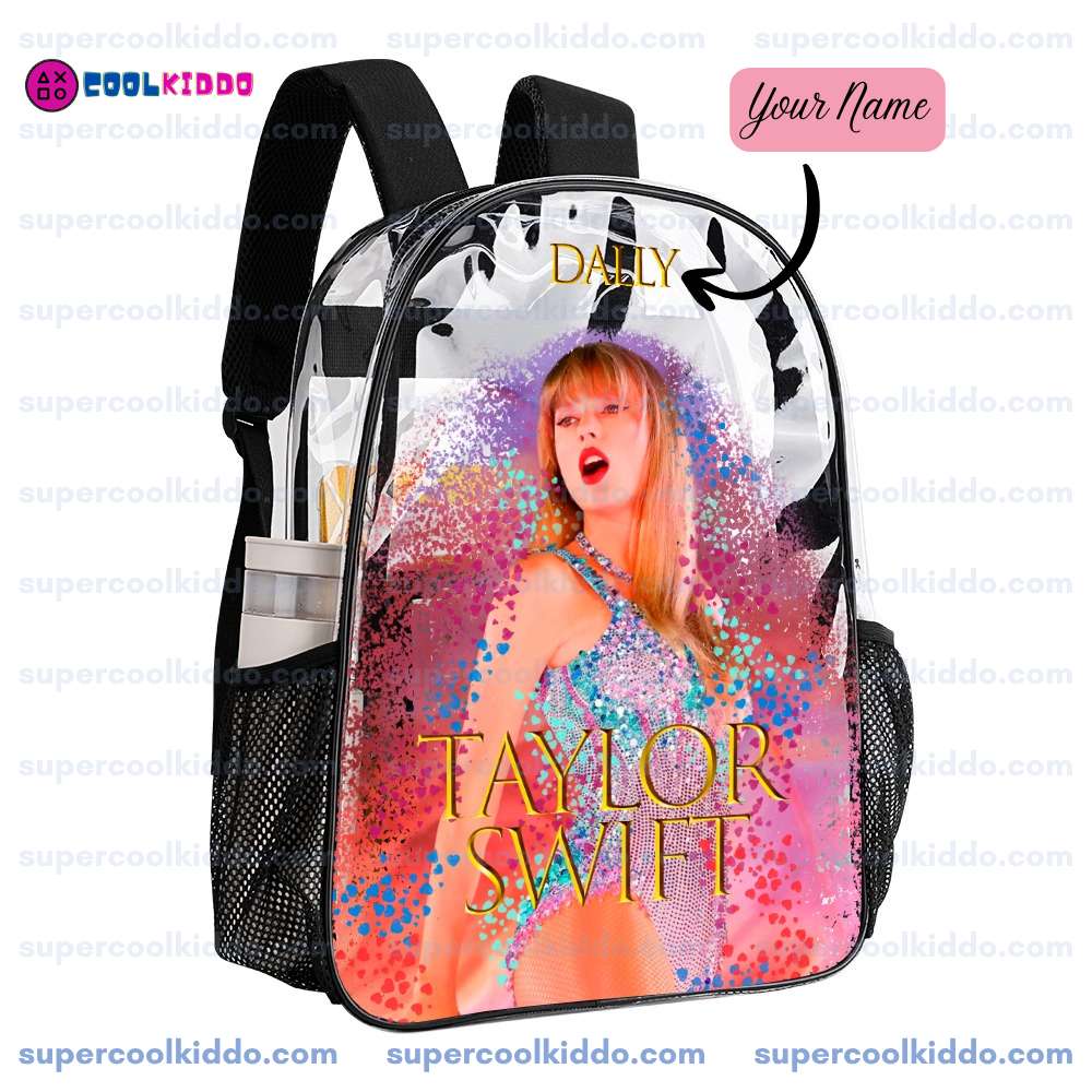 Custom Taylor Swift Clear Backpack. Personalized Name Transparent Bag for Swifties, Eras Tour Concert Approved Vinyl Backpack, Sparkly Bodysuit Glitter Design