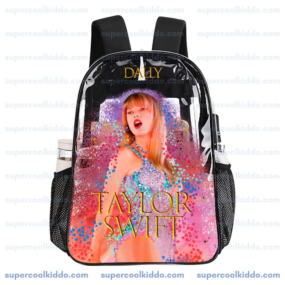 Custom Taylor Swift Clear Backpack. Personalized Name Transparent Bag for Swifties, Eras Tour Concert Approved Vinyl Backpack, Sparkly Bodysuit Glitter Design