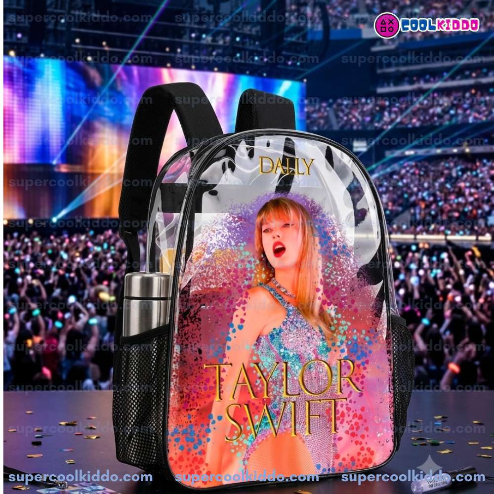 Custom Taylor Swift Clear Backpack. Personalized Name Transparent Bag for Swifties, Eras Tour Concert Approved Vinyl Backpack, Sparkly Bodysuit Glitter Design