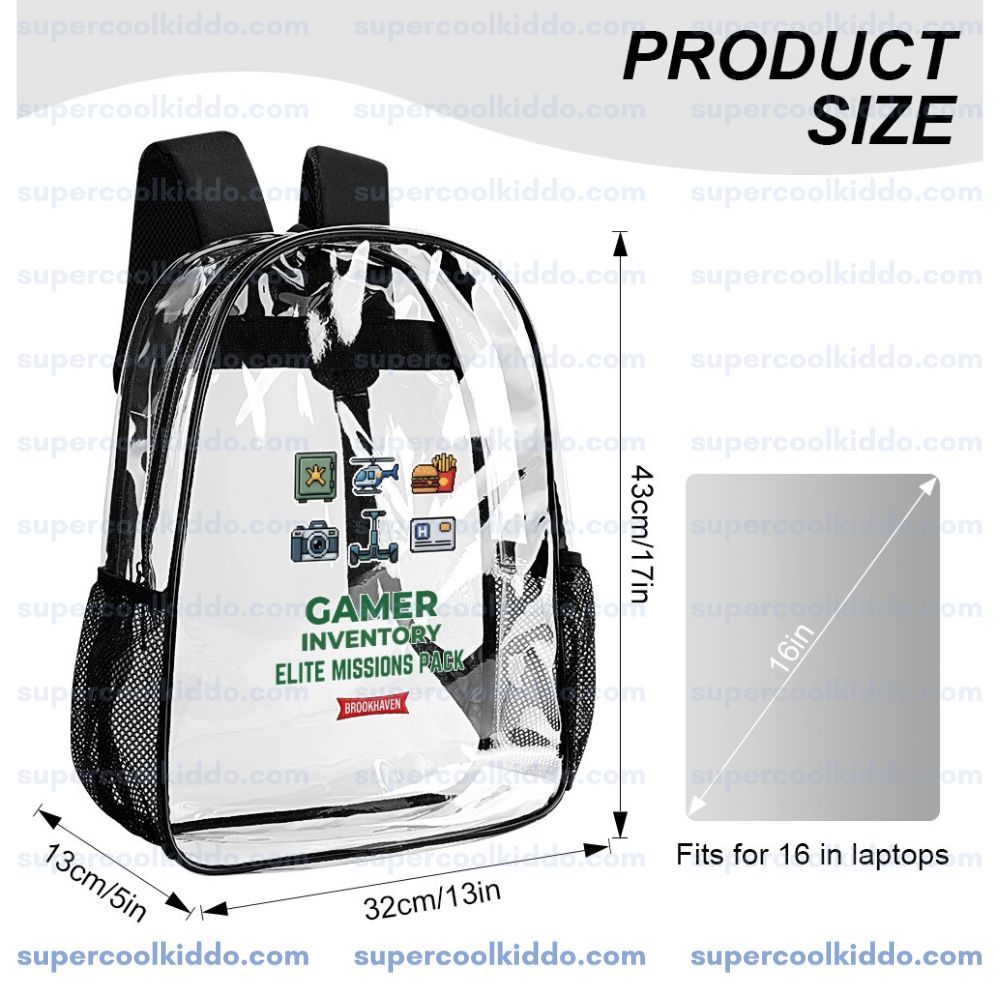 Roblox Brookhaven Clear Backpack, Gamer Inventory Elite Missions Pack Transparent School Bag, Durable PVC Heavy Duty Bookbag for Kids and Teens