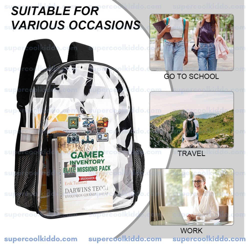 Roblox Brookhaven Clear Backpack, Gamer Inventory Elite Missions Pack Transparent School Bag, Durable PVC Heavy Duty Bookbag for Kids and Teens