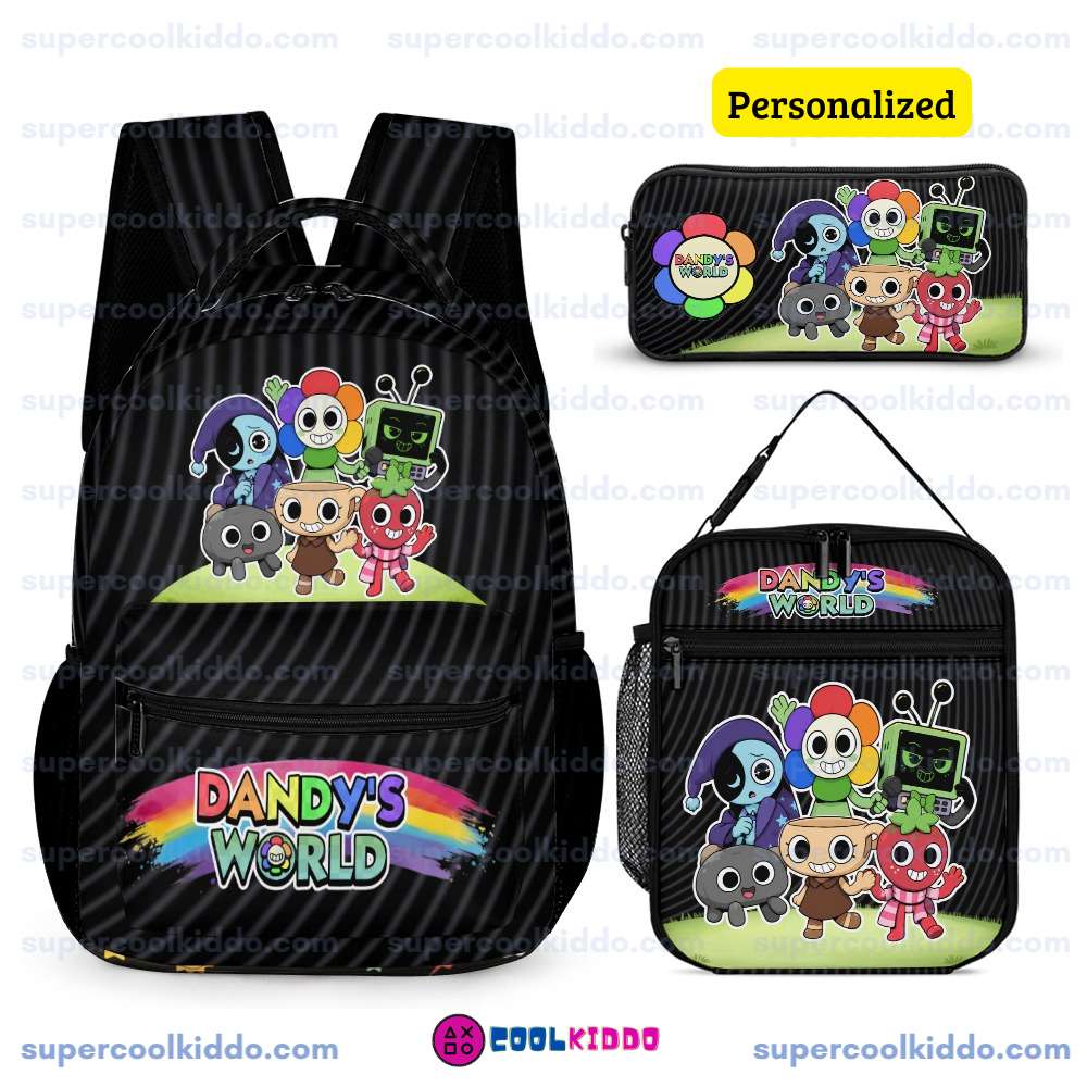 Personalized Black Dandys World Roblox Toons 3 Piece Backpack Set, Ergonomic Kids School Bag, Insulated Lunch Box and Pencil Case Bundle