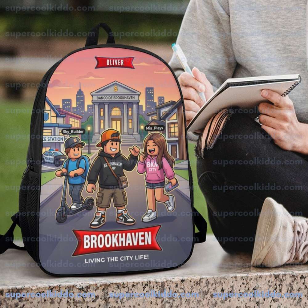 Personalized Brookhaven Backpack for Kids, Custom Name Gamer School Bag Inspired by Roblox, 17 Inch Heavy Duty Bookbag.