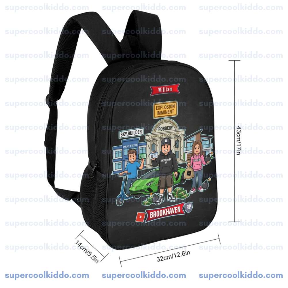 Personalized Brookhaven, Bank Robbery, Backpack, Custom Name Gamer School Bag with City Heist Graphic, 17 Inch Heavy Duty Gaming Bookbag