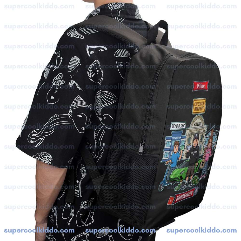 Personalized Brookhaven, Bank Robbery, Backpack, Custom Name Gamer School Bag with City Heist Graphic, 17 Inch Heavy Duty Gaming Bookbag