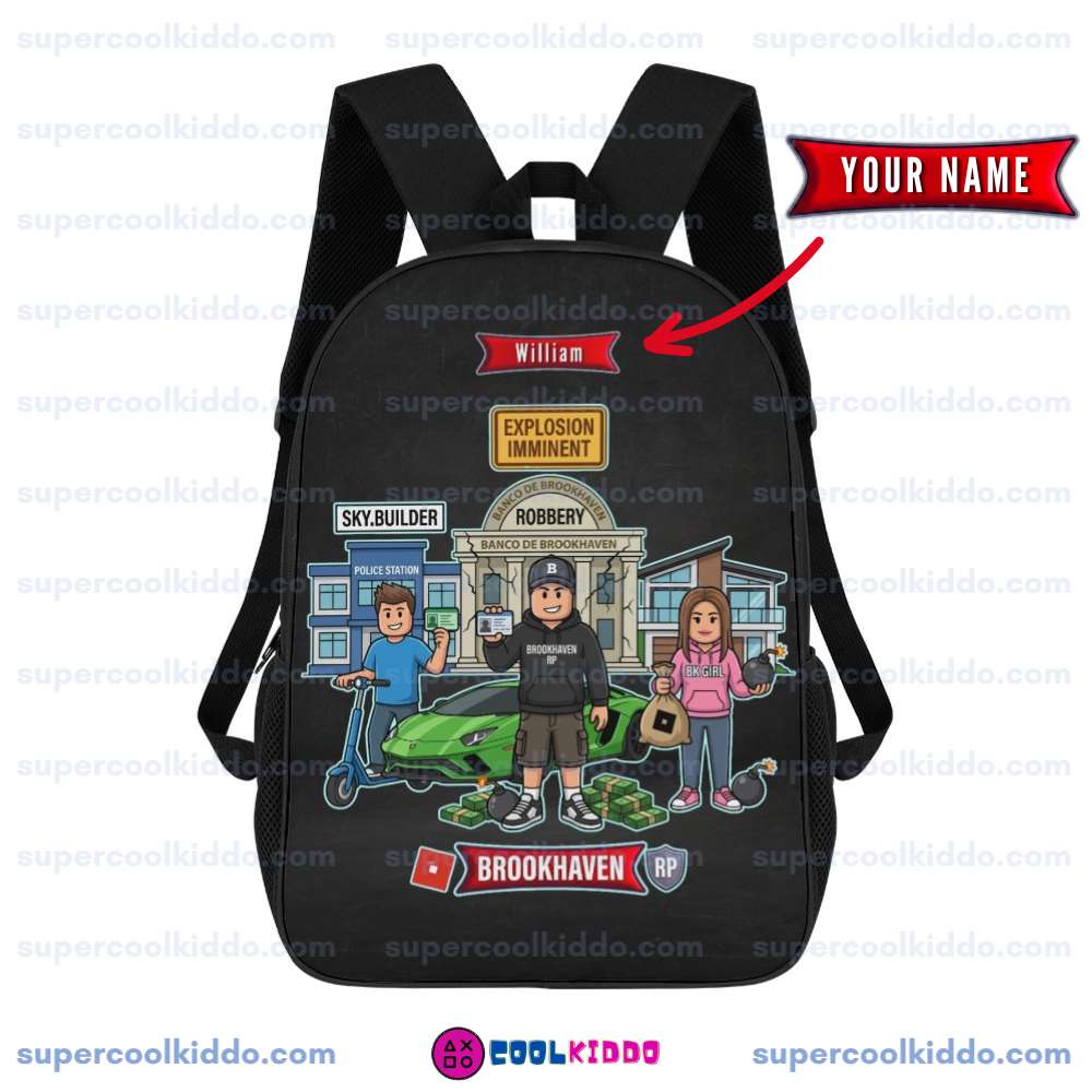 Personalized Brookhaven, Bank Robbery, Backpack, Custom Name Gamer School Bag with City Heist Graphic, 17 Inch Heavy Duty Gaming Bookbag