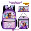 Personalized Gabbys Dollhouse 3 Piece Backpack Set. Ergonomic Kids School Bag, Insulated Lunch Box and Pencil Case Bundle