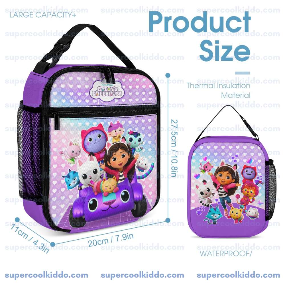 Personalized Gabbys Dollhouse 3 Piece Backpack Set. Ergonomic Kids School Bag, Insulated Lunch Box and Pencil Case Bundle