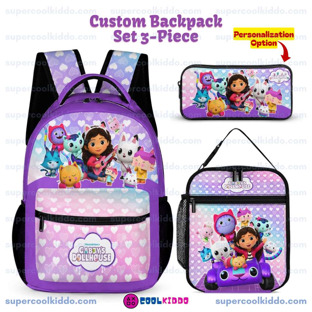 Personalized Gabbys Dollhouse 3 Piece Backpack Set. Ergonomic Kids School Bag, Insulated Lunch Box and Pencil Case Bundle