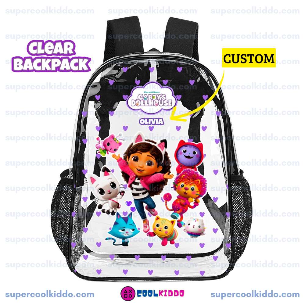 Personalized Gabbys Dollhouse Clear Backpack, Custom Name Magical Cat Cartoon Transparent School Bag, Durable PVC Heavy Duty Bookbag for Girls