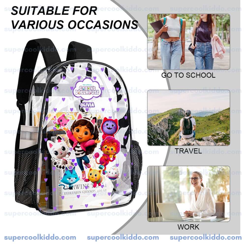 Personalized Gabbys Dollhouse Clear Backpack, Custom Name Magical Cat Cartoon Transparent School Bag, Durable PVC Heavy Duty Bookbag for Girls