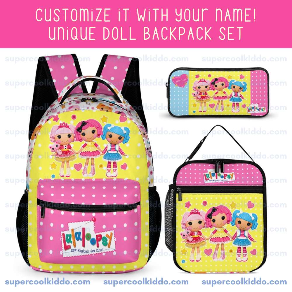 Personalized Lalaloopsy 3-Piece Backpack Set – Custom Name Polka Dot School Bag, Lunch Box & Pencil Case