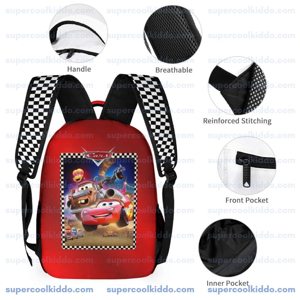 Personalized Lightning McQueen Disney Cars 3 Piece Backpack Set. Ergonomic Kids School Bag, Insulated Lunch Box & Pencil Case Bundle