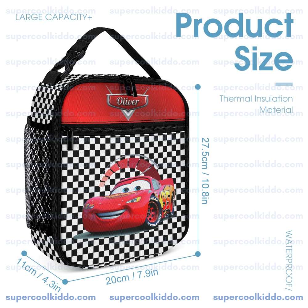 Personalized Lightning McQueen Disney Cars 3 Piece Backpack Set. Ergonomic Kids School Bag, Insulated Lunch Box & Pencil Case Bundle