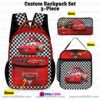 Personalized Lightning McQueen Disney Cars 3 Piece Backpack Set. Ergonomic Kids School Bag, Insulated Lunch Box & Pencil Case Bundle