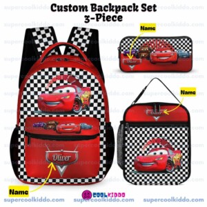 Personalized Lightning McQueen Disney Cars 3 Piece Backpack Set. Ergonomic Kids School Bag, Insulated Lunch Box & Pencil Case Bundle