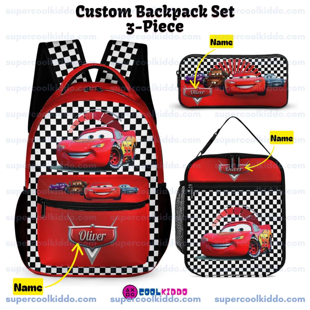 Personalized Lightning McQueen Disney Cars 3 Piece Backpack Set. Ergonomic Kids School Bag, Insulated Lunch Box & Pencil Case Bundle