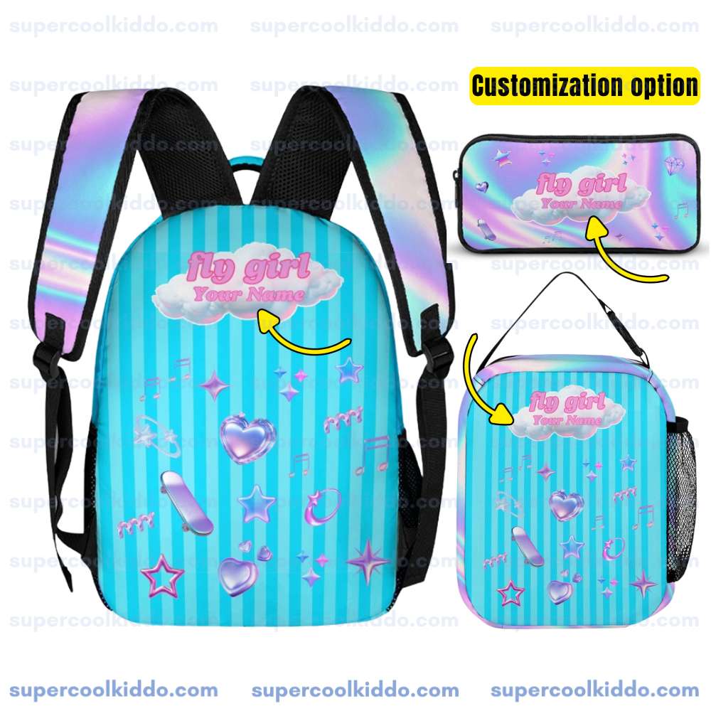 Personalized Like Nastya Pastel Iridescent 3 Piece Backpack Set, Ergonomic Kids School Bag, Insulated Lunch Box and Pencil Case Bundle