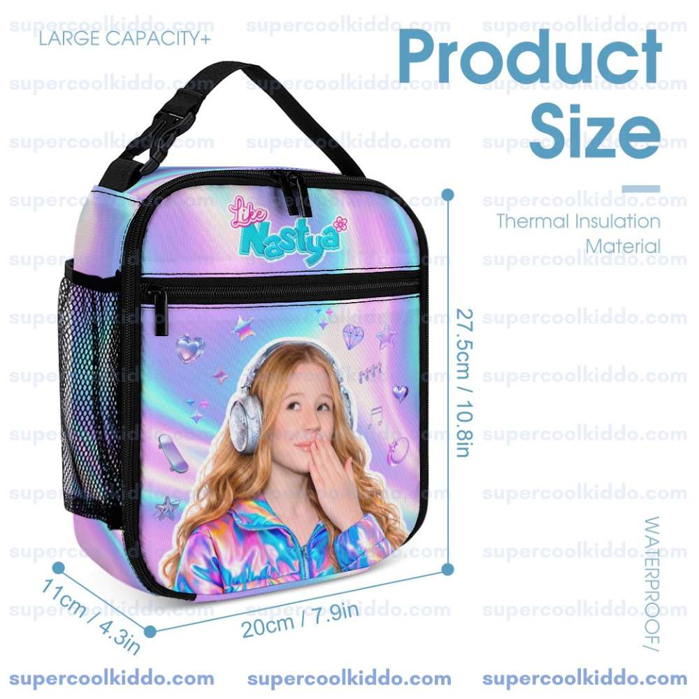 Personalized Like Nastya Pastel Iridescent 3 Piece Backpack Set, Ergonomic Kids School Bag, Insulated Lunch Box and Pencil Case Bundle