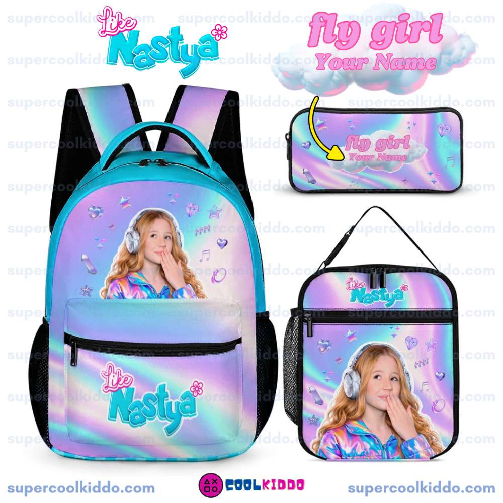 Personalized Like Nastya Pastel Iridescent 3 Piece Backpack Set, Ergonomic Kids School Bag, Insulated Lunch Box and Pencil Case Bundle