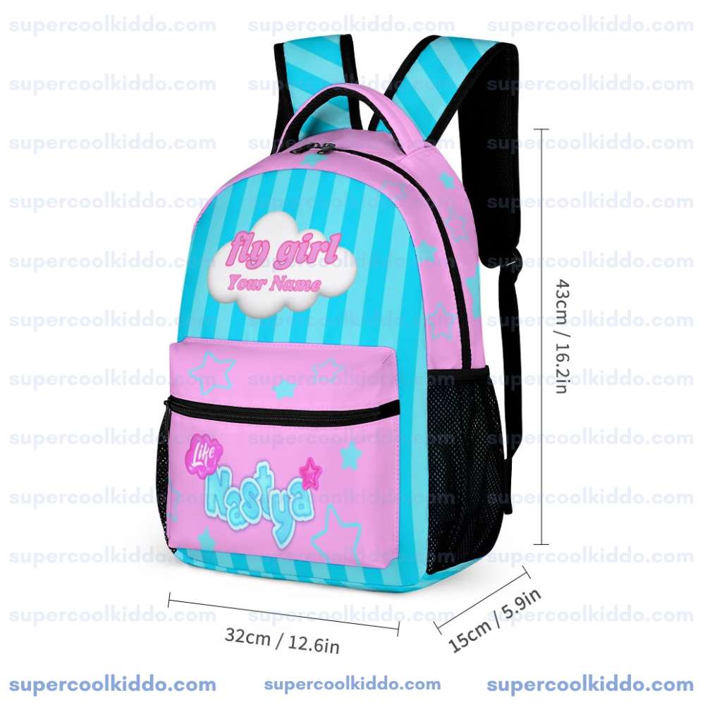 Personalized Like Nastya Pink and Turquoise Stripes 3 Piece Backpack Set, Ergonomic Kids School Bag, Insulated Lunch Box and Pencil Case Bundle