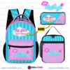 Personalized Like Nastya Pink and Turquoise Stripes 3 Piece Backpack Set, Ergonomic Kids School Bag, Insulated Lunch Box and Pencil Case Bundle