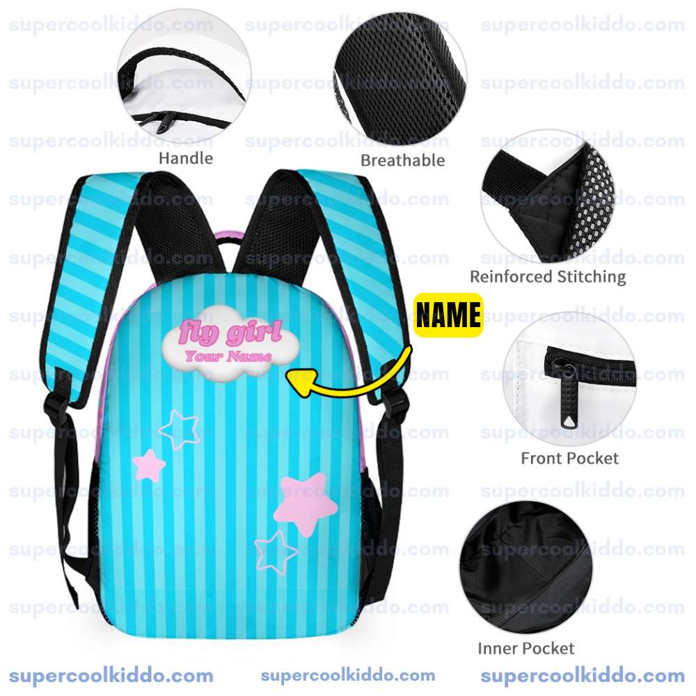 Personalized Like Nastya Pink and Turquoise Stripes 3 Piece Backpack Set, Ergonomic Kids School Bag, Insulated Lunch Box and Pencil Case Bundle