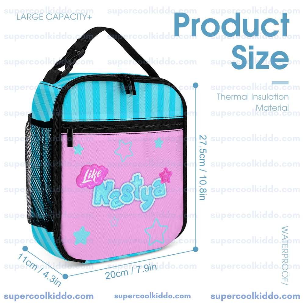 Personalized Like Nastya Pink and Turquoise Stripes 3 Piece Backpack Set, Ergonomic Kids School Bag, Insulated Lunch Box and Pencil Case Bundle
