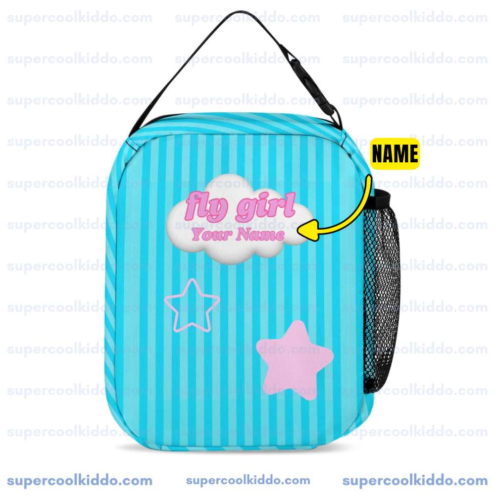 Personalized Like Nastya Pink and Turquoise Stripes 3 Piece Backpack Set, Ergonomic Kids School Bag, Insulated Lunch Box and Pencil Case Bundle