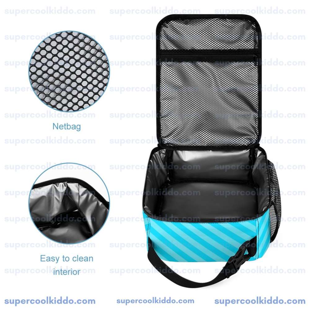 Personalized Like Nastya Pink and Turquoise Stripes 3 Piece Backpack Set, Ergonomic Kids School Bag, Insulated Lunch Box and Pencil Case Bundle