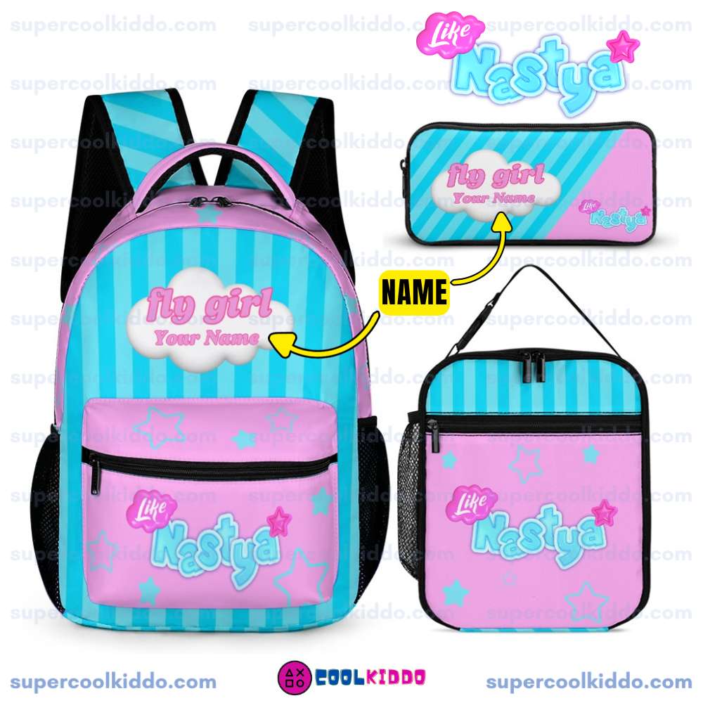 Personalized Like Nastya Pink and Turquoise Stripes 3 Piece Backpack Set, Ergonomic Kids School Bag, Insulated Lunch Box and Pencil Case Bundle