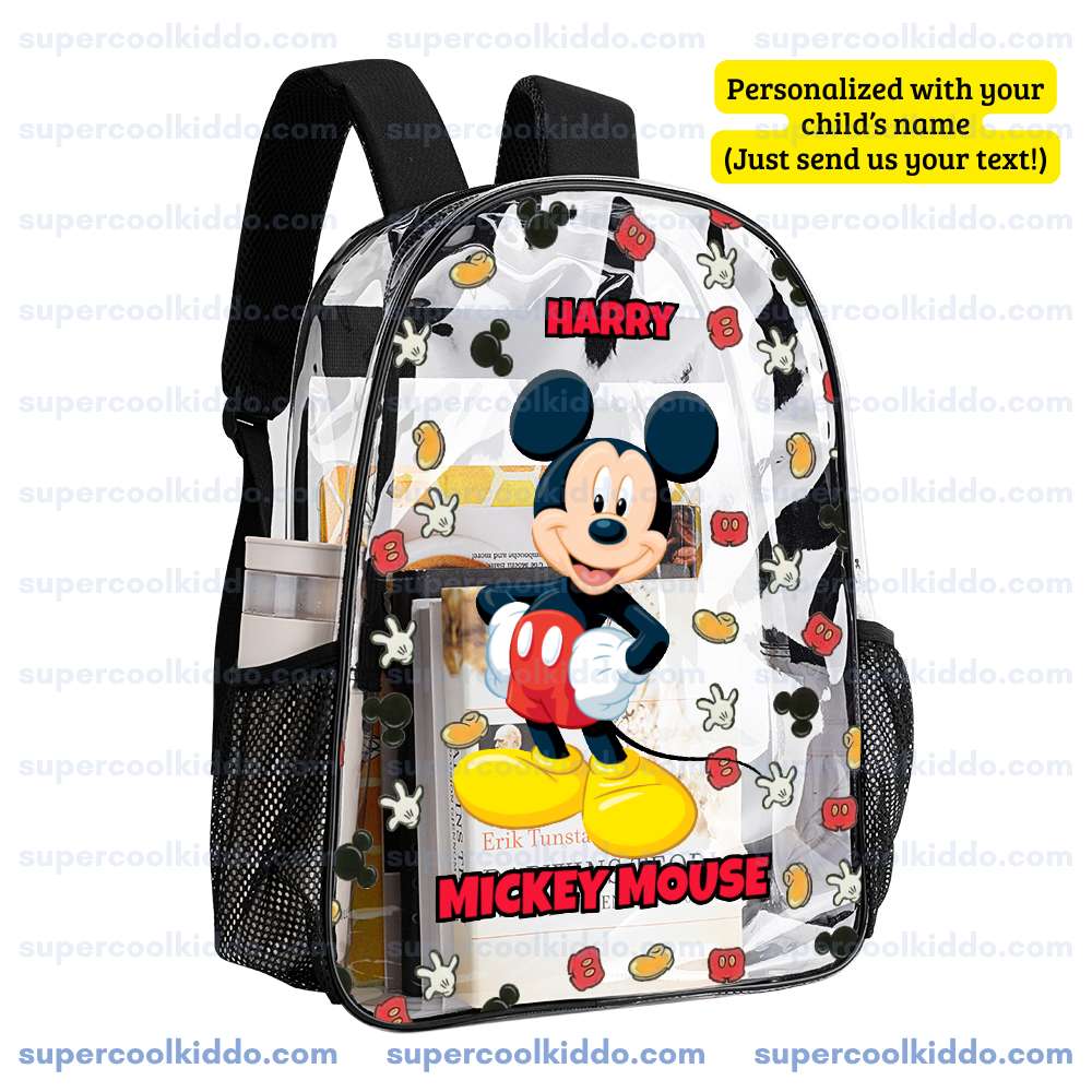 Custom Name Mickey Mouse Transparent Backpack, Waterproof Clear Vinyl School Bag with Yellow Shoes Red Shorts Graphics, Heavy Duty Personalized Kids Daypack