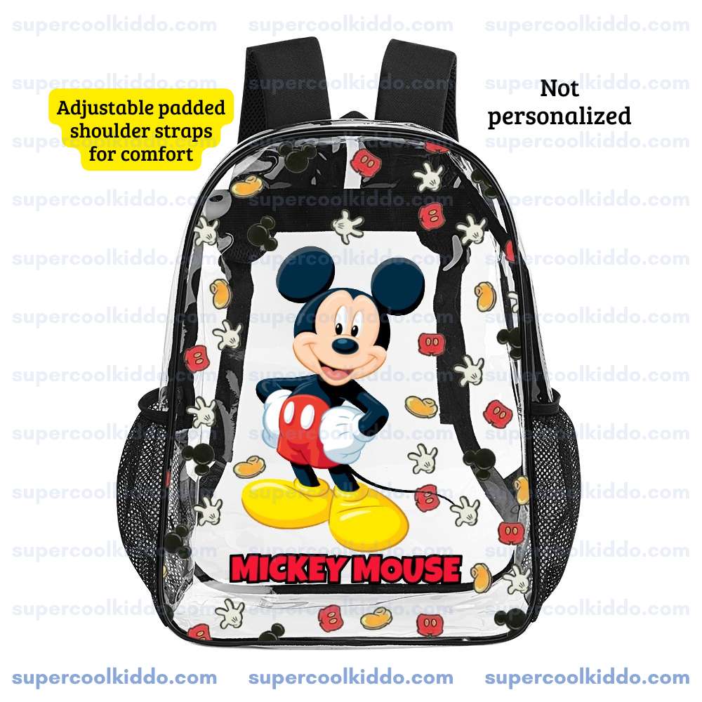 Custom Name Mickey Mouse Transparent Backpack, Waterproof Clear Vinyl School Bag with Yellow Shoes Red Shorts Graphics, Heavy Duty Personalized Kids Daypack