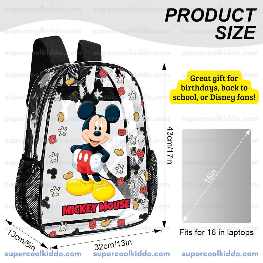 Custom Name Mickey Mouse Transparent Backpack, Waterproof Clear Vinyl School Bag with Yellow Shoes Red Shorts Graphics, Heavy Duty Personalized Kids Daypack
