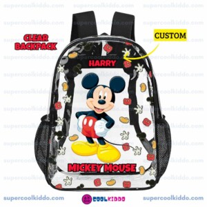 Custom Name Mickey Mouse Transparent Backpack, Waterproof Clear Vinyl School Bag with Yellow Shoes Red Shorts Graphics, Heavy Duty Personalized Kids Daypack Cool Kiddo Custom Name Mickey Mouse Transparent Backpack, Waterproof Clear Vinyl School Bag with Yellow Shoes Red Shorts Graphics, Heavy Duty Personalized Kids Daypack
