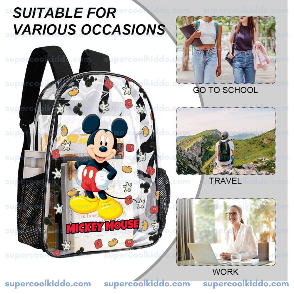 Custom Name Mickey Mouse Transparent Backpack, Waterproof Clear Vinyl School Bag with Yellow Shoes Red Shorts Graphics, Heavy Duty Personalized Kids Daypack