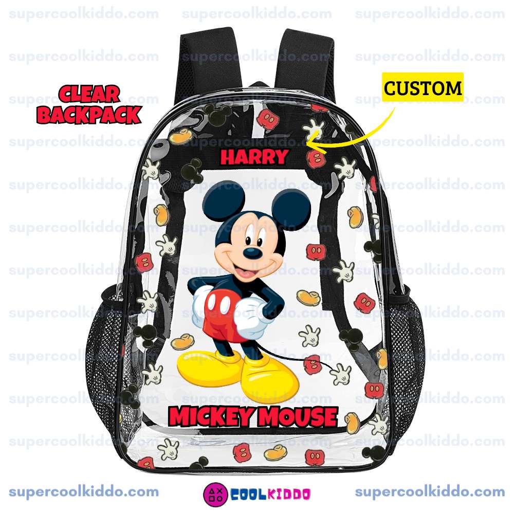 Custom Name Mickey Mouse Transparent Backpack, Waterproof Clear Vinyl School Bag with Yellow Shoes Red Shorts Graphics, Heavy Duty Personalized Kids Daypack