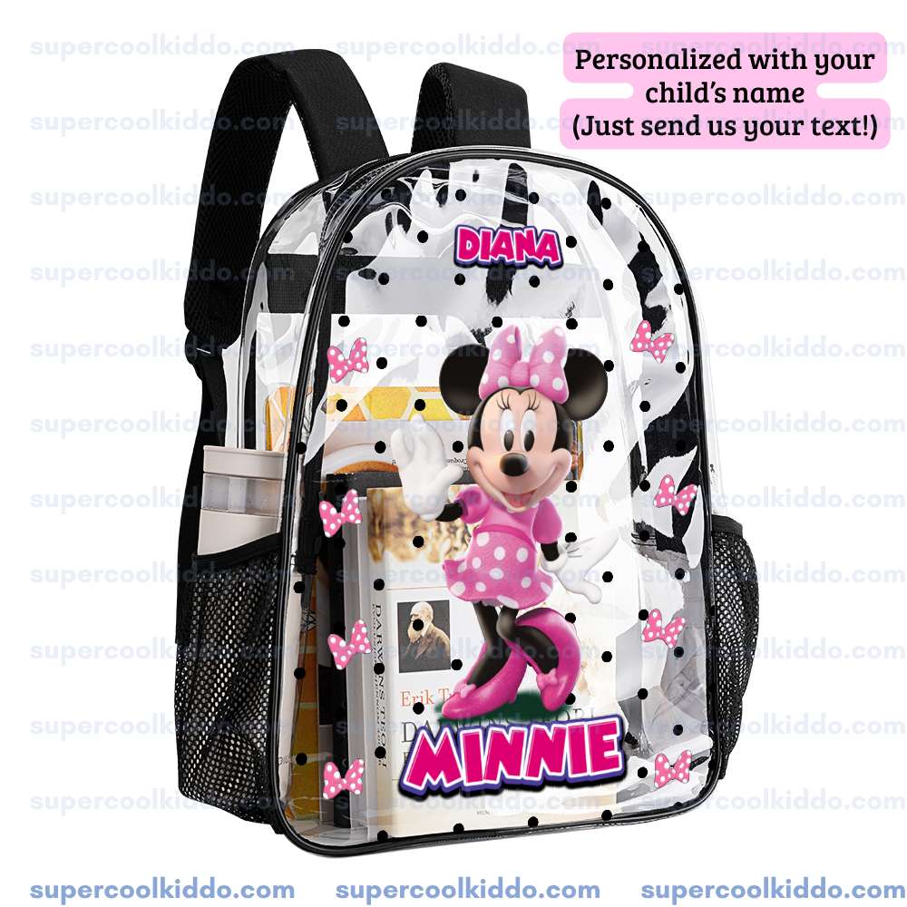 Personalized Minnie Mouse Clear Backpack, Custom Name Pink Bows Polka Dot Transparent School Bag, Durable PVC Heavy Duty Bookbag for Girls