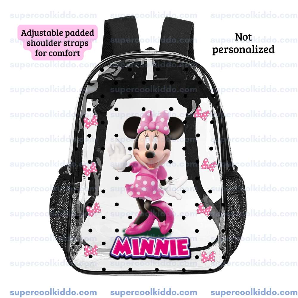 Personalized Minnie Mouse Clear Backpack, Custom Name Pink Bows Polka Dot Transparent School Bag, Durable PVC Heavy Duty Bookbag for Girls