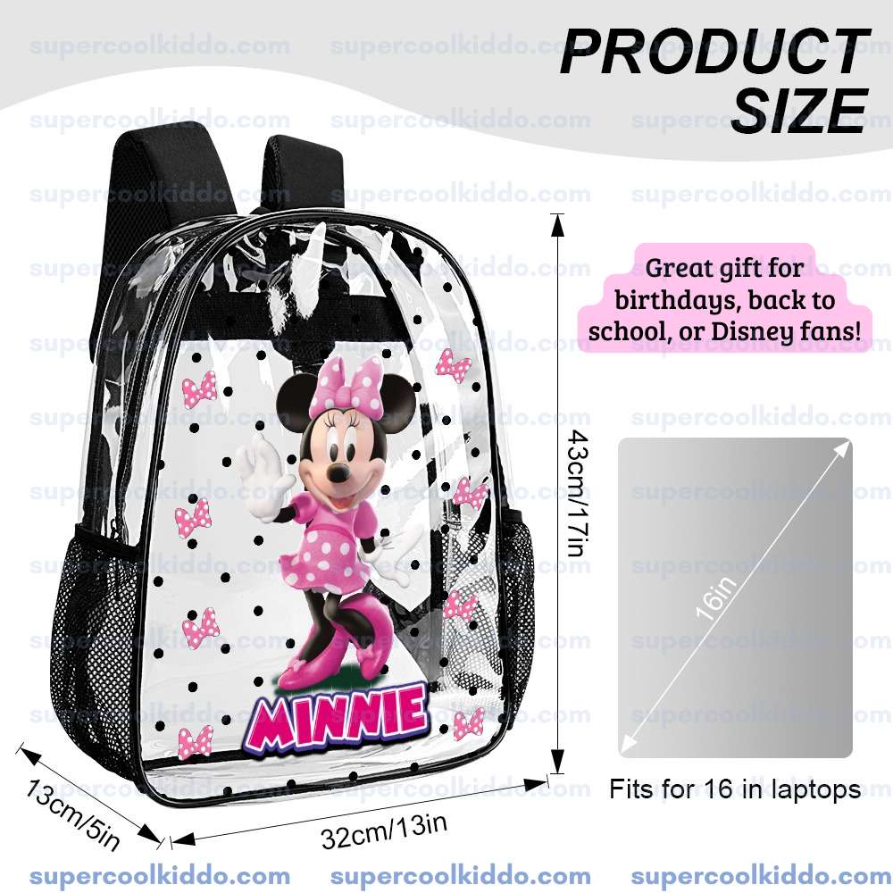 Personalized Minnie Mouse Clear Backpack, Custom Name Pink Bows Polka Dot Transparent School Bag, Durable PVC Heavy Duty Bookbag for Girls