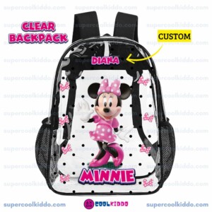 Personalized Minnie Mouse Clear Backpack, Custom Name Pink Bows Polka Dot Transparent School Bag, Durable PVC Heavy Duty Bookbag for Girls