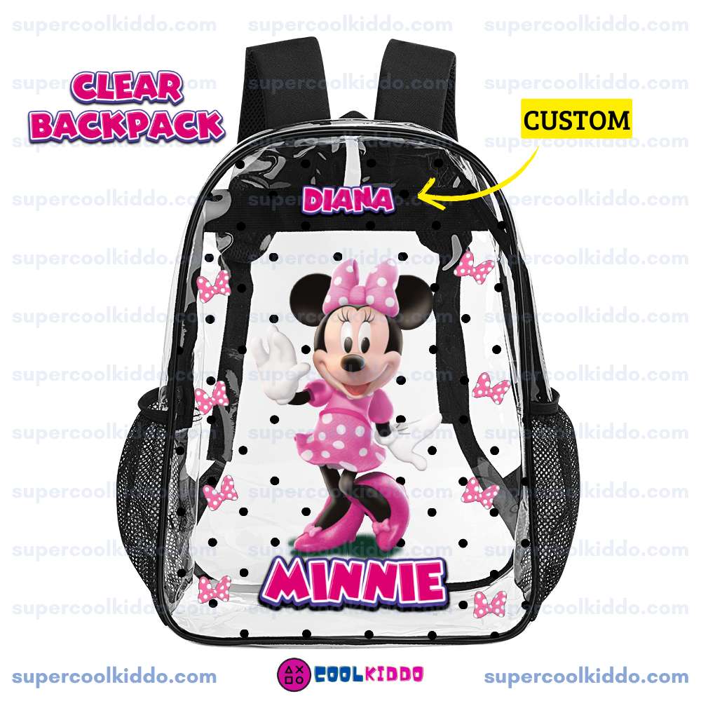 Personalized Minnie Mouse Clear Backpack, Custom Name Pink Bows Polka Dot Transparent School Bag, Durable PVC Heavy Duty Bookbag for Girls