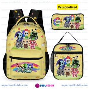 Personalized Pastel Yellow Dandys World Roblox Toons 3 Piece Backpack Set, Ergonomic Kids School Bag, Insulated Lunch Box and Pencil Case Bundle Cool Kiddo Personalized Pastel Yellow Dandys World Roblox Toons 3 Piece Backpack Set, Ergonomic Kids School Bag, Insulated Lunch Box and Pencil Case Bundle