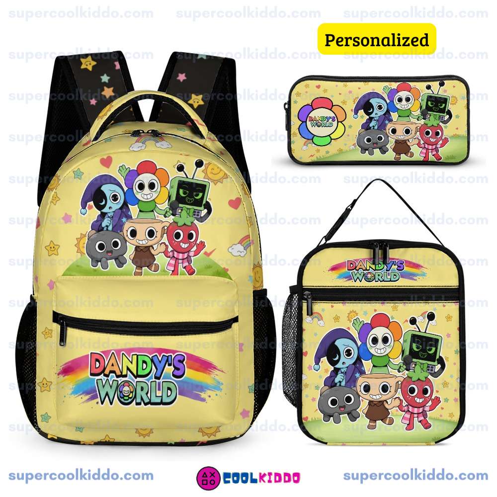 Personalized Pastel Yellow Dandys World Roblox Toons 3 Piece Backpack Set, Ergonomic Kids School Bag, Insulated Lunch Box and Pencil Case Bundle