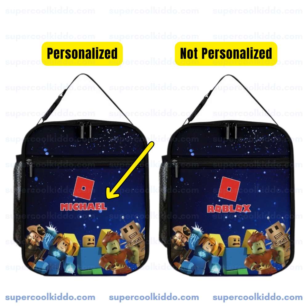 Personalized Roblox Galaxy Blue 3 Piece Backpack Set, Ergonomic Kids School Bag, Insulated Lunch Box and Pencil Case Bundle