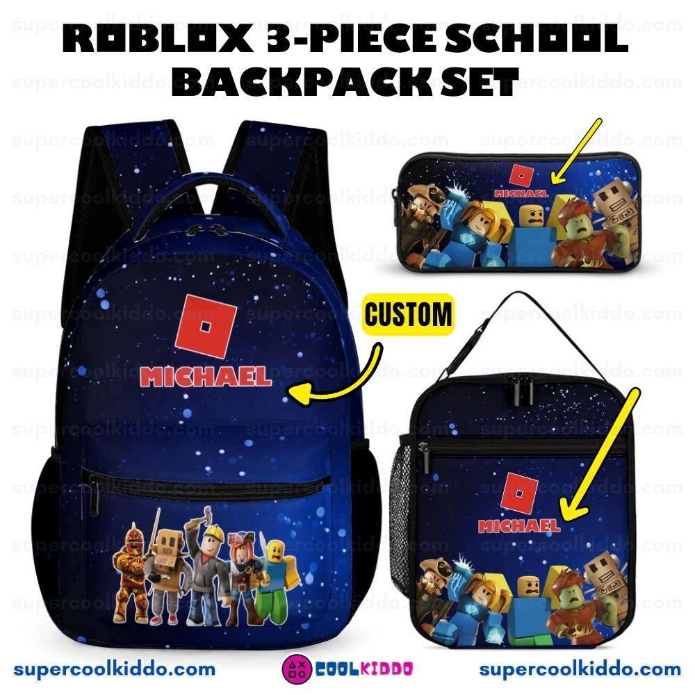 Personalized Roblox Galaxy Blue 3 Piece Backpack Set, Ergonomic Kids School Bag, Insulated Lunch Box and Pencil Case Bundle