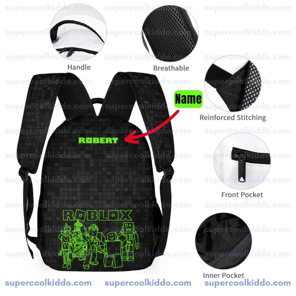 Personalized Roblox Neon Green and Black 3 Piece Backpack Set. Ergonomic Kids School Bag, Insulated Lunch Box and Pencil Case Bundle.