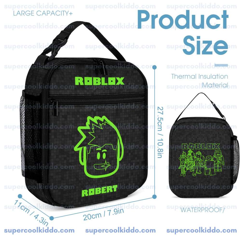 Personalized Roblox Neon Green and Black 3 Piece Backpack Set. Ergonomic Kids School Bag, Insulated Lunch Box and Pencil Case Bundle.