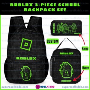 Personalized Roblox Neon Green and Black 3 Piece Backpack Set. Ergonomic Kids School Bag, Insulated Lunch Box and Pencil Case Bundle. Cool Kiddo Personalized Roblox Neon Green and Black 3 Piece Backpack Set. Ergonomic Kids School Bag, Insulated Lunch Box and Pencil Case Bundle.